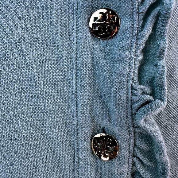 Tory Burch Lidia‎ Polo Shirt Womens M Sage Green 1/4 Button Ruffle Mock Neck - Picture 4 of 7